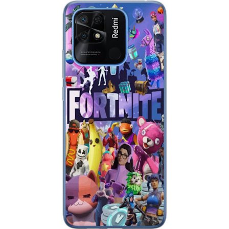 Yhteensopiva Puhelinkuori Xiaomi Redmi 10C Fortnite kollaasi, jossa on ikonisia hahmoja, skinejä, Victory Royale ja vahvoja värejä, jotka luovat energ