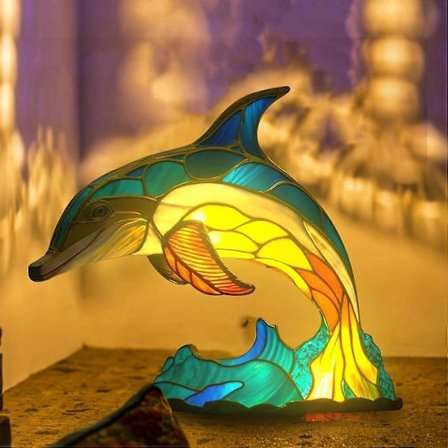 Bordlampe i form av dyr i farget glass, bohemsk dyrelampe i harpiks for soverom, stue, hjemmekontor, dekorasjonsgave (delfin)
