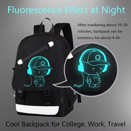 Anime självlysande ryggsäck för pojkar, bärbar ryggsäck med USB laddningsport, bokväska för skolan med stöldskydd, tonårsryggsäck