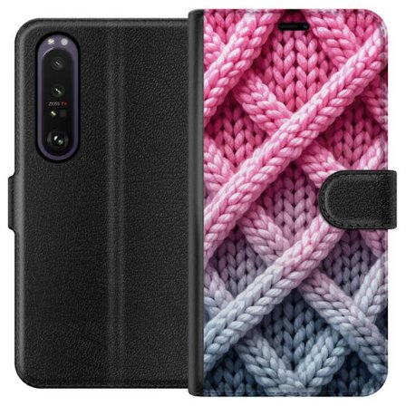 Yhteensopiva Lompakkokotelo Sony Xperia 1 III Lähikuva kudotusta tekstiilikuviosta vaaleanpunaisissa, harmaissa ja valkoisissa sävyissä, joissa on