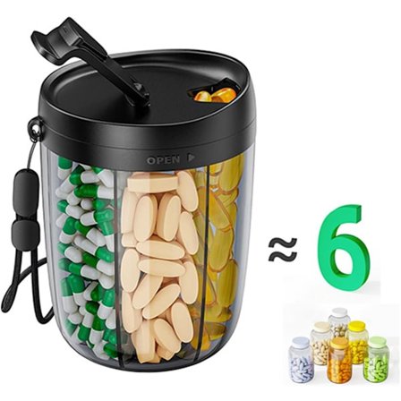 7-dages pilleæske med 6 rum, transparent rejsemedicinæske med håndtag, sort