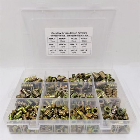 325 stk. gjengeinnsatser for tre, innsatsmuttere, møbelmuttere
