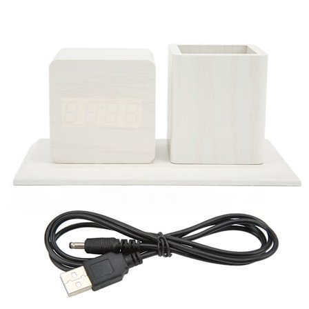 Kynäteline kello lämpötilan kalenterinäyttö 3 tason kirkkauden säätö Ääniohjaus LED digitaalinen herätyskello Valkoinen puu Valkoinen valo