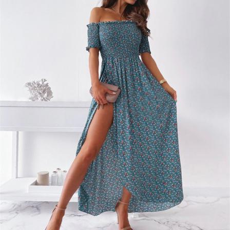 Summer Wish Kvinnor Boho Print Sexig Off--soulder Slit Lon