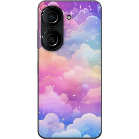 Kompatibelt Mobildeksel til Asus Zenfone 10 Søt enhjørning med regnbuefarget hår mot en stjernebelagt pastellbakgrunn i kawaii-stil