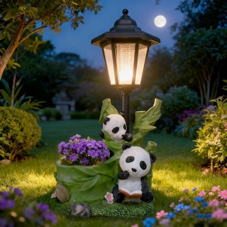 Panda-puutarhapatsas aurinkovalolla ja istutuslaatikolla: Ulkokoriste nurmikolle, patiolle, parvekkeelle - Ainutlaatuinen lahja naisille ja äidille