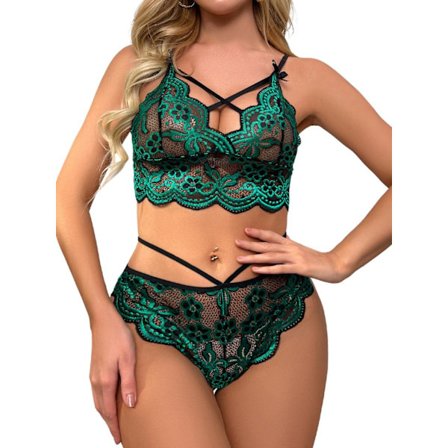 osy Kvinders Sexy Stroppet Push Up Strømpebånds-Sæt Lingeri Sæt Blomsterblonder Gennemsigtig 3 Dele Blomster Grøn Stor