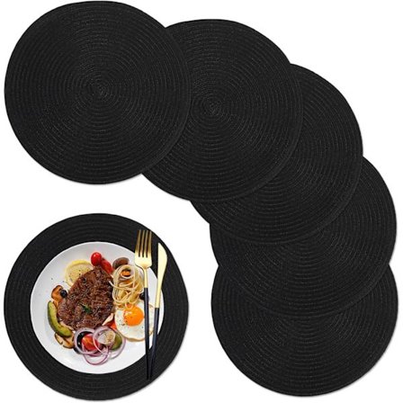Dækkeserviet Sæt med 6, 36 cm, Dækkeserviet Sort Rund Flettet S, ZQKLA