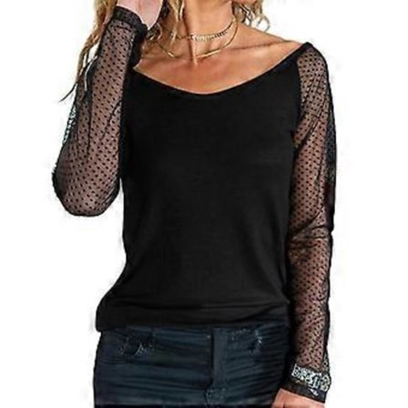 Dame Mesh Langærmet Skjorte Casual Rundhals Sheer Mesh Polka Dot Bluser Toppe (L farve 09)