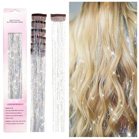 Clip in Hårglitter Kit, 6-pack Glitter Fairy Hårglitterförlängningar 50 cm Glänsande Hårglitter Värmebeständigt (Silver)