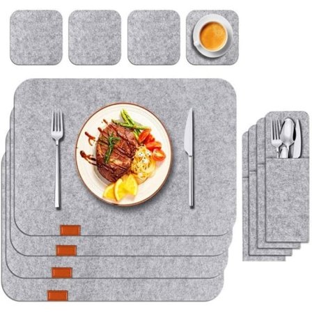 4 Set av ljusgrå filt placemats underlägg bestickset med 4 placemats, 4 underlägg och 4 bestickpåsar