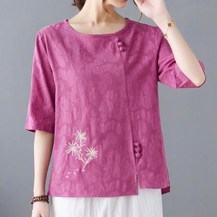 Broderi T-shirt För Kvinnor Med Rund Hals T-shirt