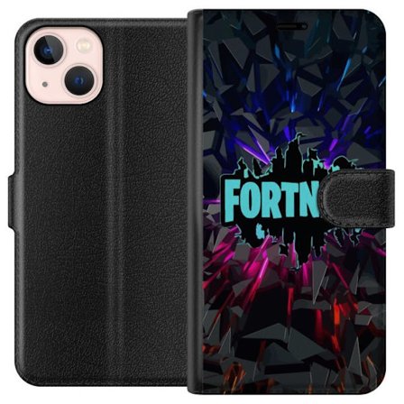 Kompatibelt Lommeboketui til Apple Apple iPhone 13 mini Fortnite-logo - Svart bakgrunn med blå neon og fargede lys