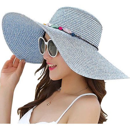 Naisten leveälierinen olkihattu, taitettava aurinkolippalakki UPF 50+ (sininen)