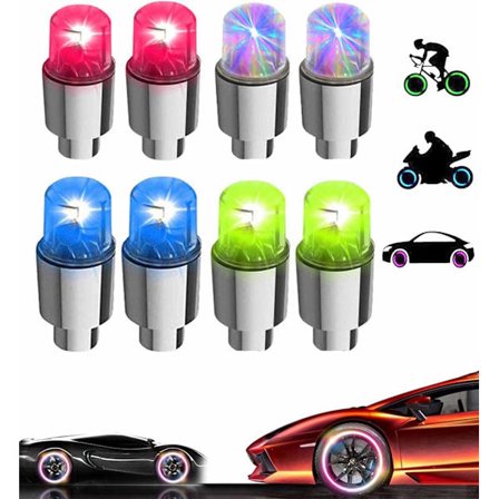 Syzplnwy 8 stk. selvlysende LED-deksler for dekkventiler med blinkende lys for biler, SUV-er, lastebiler, motorsykler, sykler (4 farger)