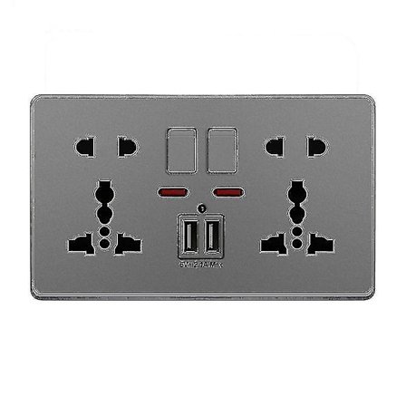 Multifunktionellt vägguttag UK 13A med tryckknapp, 2.1A dubbla USB-laddningsportar, trehåls tvåhåls vägguttag för hemmet med knapp Grå