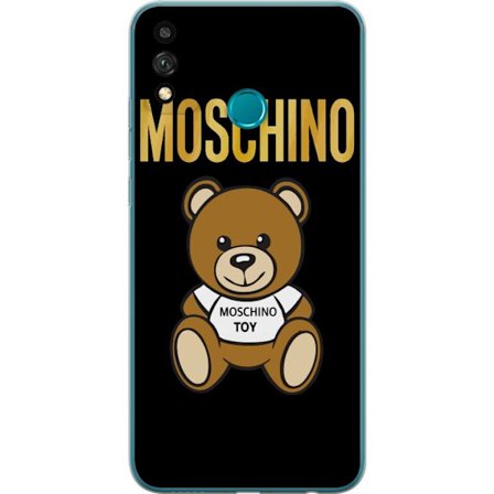 Kompatibelt Mobilskal till Honor Honor 9X Lite Moschino-inspirerad nallebjörn med text på tröjan, centrerad mot svart bakgrund med tydlig mode- och