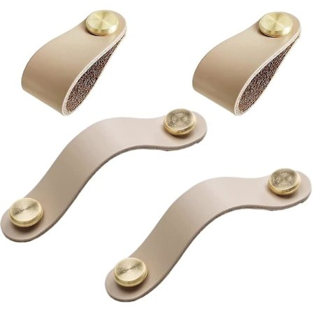 Lærskaps-skapshåndtak, 4 Vintage Møbelhåndtak, Lærknapper til Kjøkkenskap, Khaki