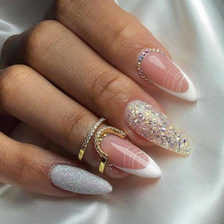 24 st franska tippar tryck på naglar mandel, medium falska naglar blanka vita linjer falska naglar med självhäftande flikar, akryl full täckning 