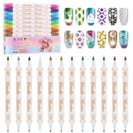 12-Color Dual Tip Nail Art Pens - Acrylic Paint Markers for Nail Art, Waterproof & Quick Drying, Perfect for Detail Painting & DIY