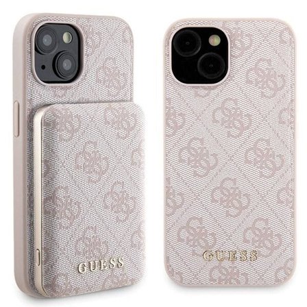 Guess 4G metall logo etui sett for iPhone 15 + 5000mAh MagSafe power bank - rosa