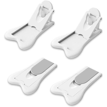 Fire børnesikre skydedørslåse til badeværelse, terrasse, køkken, persienner, garderobe og vindues skydedøre. Ingen skruer eller boring nødvendig. Hvid