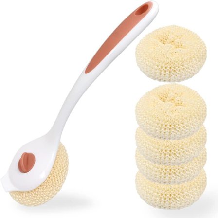 Langskaftet Opvaskbørste Med 5 Udskiftningshoveder Og Indbygget Skraber, Gryde- Og Panderens Med Ridsefri Fiberpuder Til Rengøring Af Vask, Komfur (