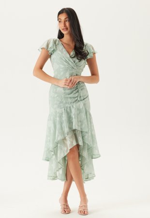 Goddiva - Chiffon Flutter High Low Dress - Sage Green - Kläder - - Bubbleroom