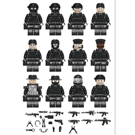 12pcs Black Swat Police Minifigure Building Block Accessories Military Toy