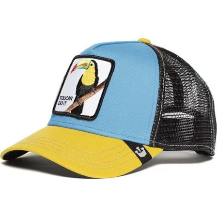 Mesh-lue med dyrebroderi, snapback-lue, papegøye, gul og blå