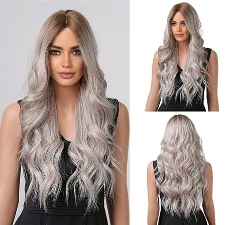 En lang bølget ombre brun til askegrå paryk til kvinder Naturlig Synt