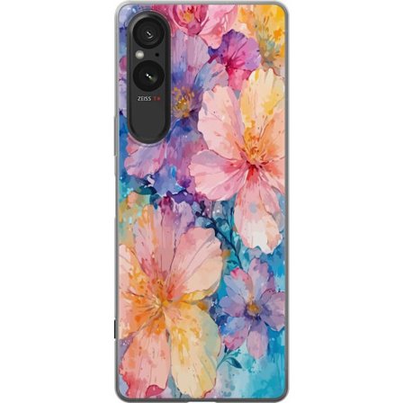Yhteensopiva Puhelinkuori Sony Sony Xperia 5 V Vesivärimaalaus suurilla kukilla vaaleanpunaisissa, sinisissä ja keltaisissa sävyissä pehmeässä t