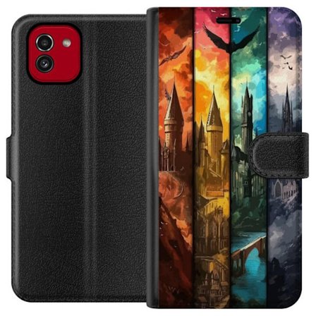 Kompatibelt Plånboksfodral till Samsung Samsung Galaxy A03 Fyra magiska slott i olika elementfärger, episk fantasykonst med eld vatten luft och mör