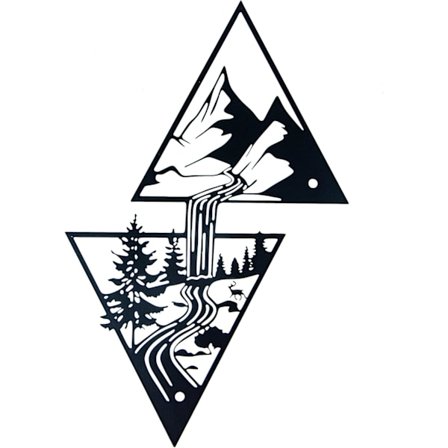 (Svart) Metallveggkunst - Fjell, skog og rennende vann - Moderne 3D metallvegg skulptur for stue, kontor,