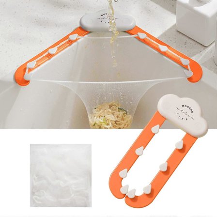 Køkkenvask Trekant Filter Tri-Holder Køkkenvask Si Afløbssi med en Foldbar Hylde og 100 stk. Filtrerende Net Mesh Poser - Orange