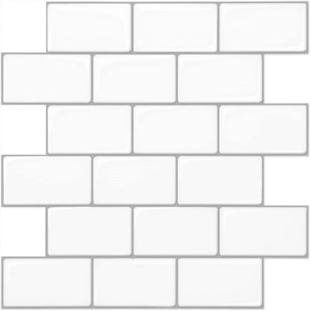 12"x12" Selvklæbende Fliser, Skræl og Klæb Metrofliser Bagvæg, Blanke Hvide Selvklæbende Vægflise 5 pak