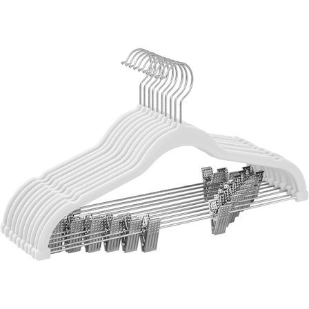 Sæt med 10 Velour Bøjler med Justerbare Clips, 42,5 cm Lange, Skridsikre, Pladsbesparende, til Nederdele, Jakker, Kjoler