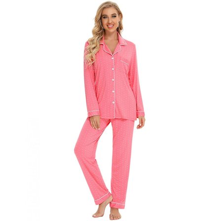 Pyjamas til kvinder, blødt pyjamassæt med knapper, langærmet skjorte og pyjamasbukser, loungesæt i julestil, rød XL