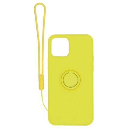 Apple iPhone 12/12 Pro Soft Liquid Silicone Case Yellow with Magnetic Ring Holder Stand and Slim Hands Strap High Quality