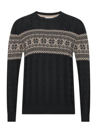Jaquard Cable O-Neck Sweater Strikkegenser M. Rund Krage Svart Lindbergh*Betinget Tilbud