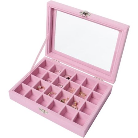 24 Rums Øreringe Opbevaringsboks, Smykkeskrin i Velour, Smykke Opbevaringsdisplayboks til Ringe, Øreringe, Smykker, Vedhæng, Pink