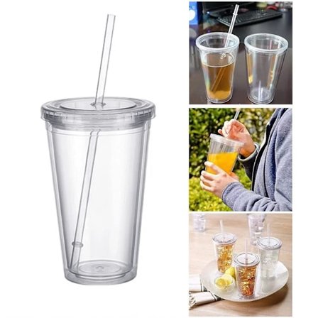 Plastikkop Rejsekrus Med Sugerør, Dobbeltvægget Plastikforseglet Kop Transparent Drikkekrus Til Frugtjuice Smoothie