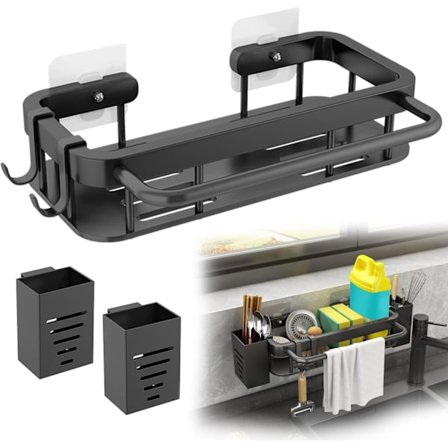 Køkkenorganisator i rustfrit stål, vaskorganisator til køkken, sort vaskopbevaring til køkkensvampe, med 2 stiftstøtter, køkkenorganisator til vask