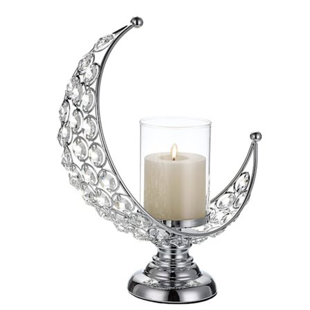 Måneformet krystall telysholder med avtakbar skjerm for hjem, kontor, bryllup, fest, mottak, bordpynt, sølv