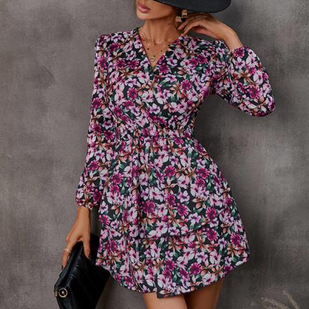 Damer Med Blommigt Print Miniklänningar V-ringad Kort Klänning