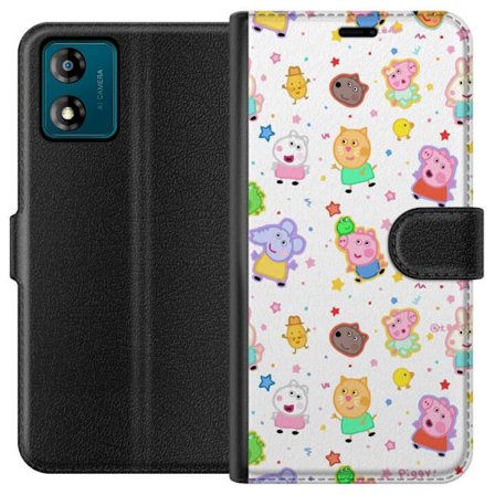 Kompatibelt Lommeboketui til Motorola Moto E13 Fargerike tegneserie dyrekarakterer i en leken stil med stjerner og prikker på en lys bakgrunn