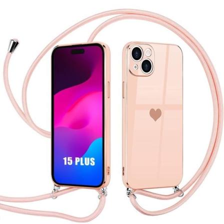 Halsbandsfodral för iPhone 15 Plus, stötsäkert hjärtmönster Anti-Scratch Mjuk - Rosa