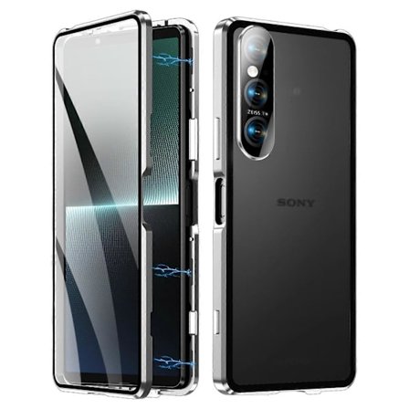 Magnetisk adsorptionsetui til Sony Xperia 1 V, metalramme, hærdet glas, PC-bagside, klart telefoncover