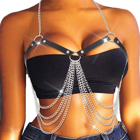 Svart Läder Bröstkedja Lager På Lager BH Kedja Punk Rave Kroppssmycken för Kvinnor