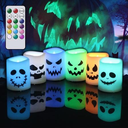 6 stk. Halloween Flammelose Votivlys Farveskiftende med Fjernbetjening Timer, Batteridrevet LED Teelys til Halloween